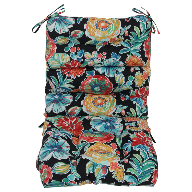 Outdoor Tufted Seat/Back Chair Cushion, Black/Colsen Noir Floral, 22" W x 21" D