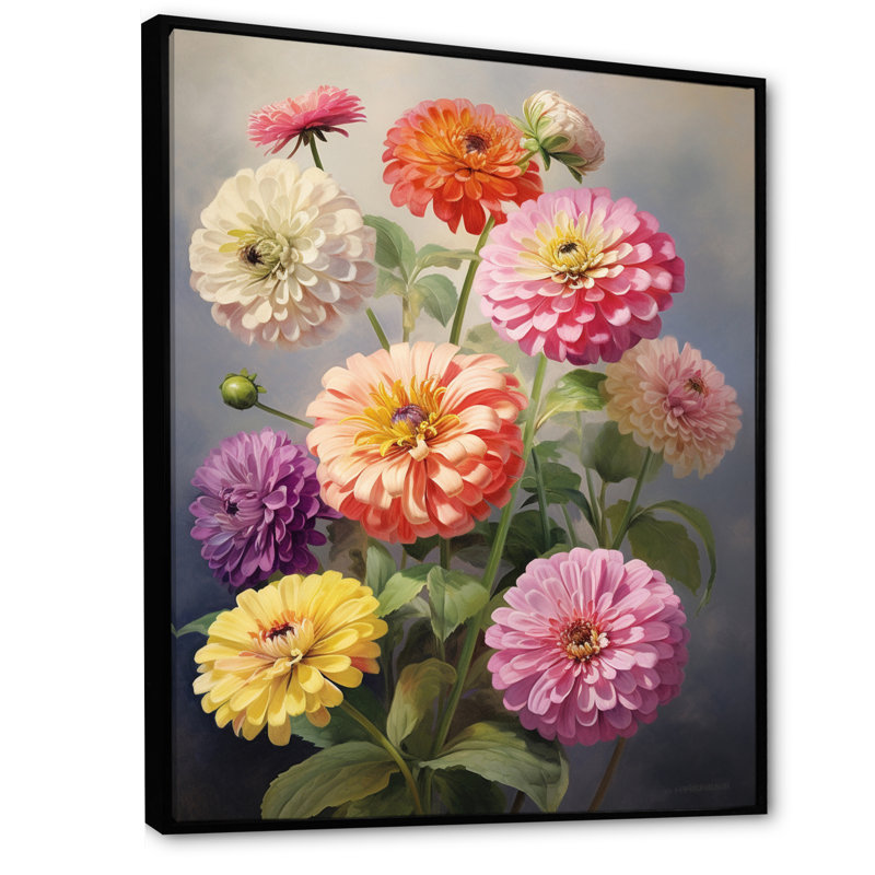 "Colorful Zinnias", impression romantique sur toile encadrée, H 44 po x l 34 po x P 1,5 po, Cadre flottant noir