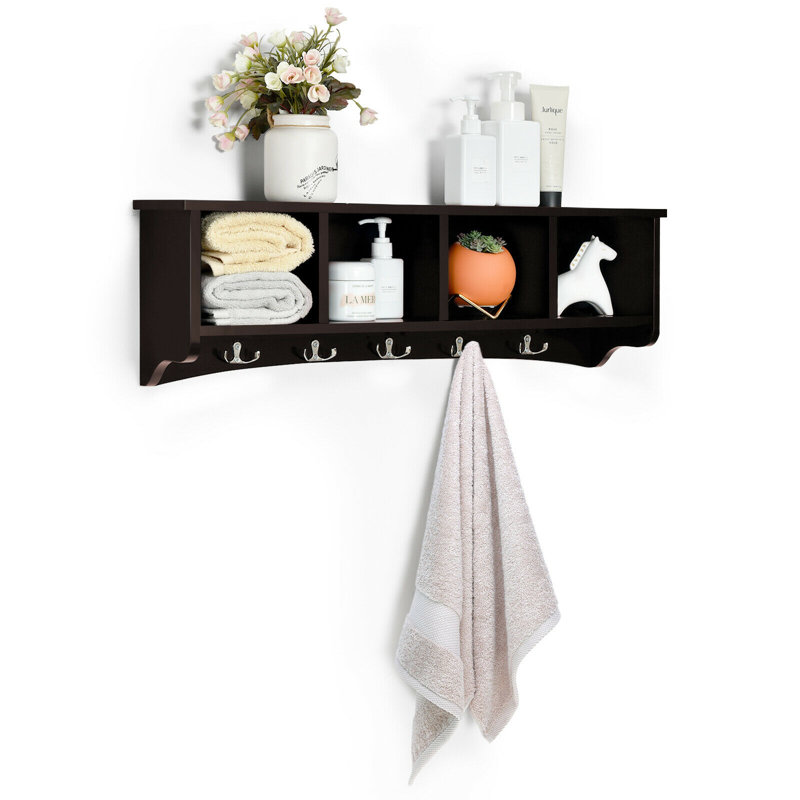 Manufactured Wood Wall Organizer with Key Hooks, Brown