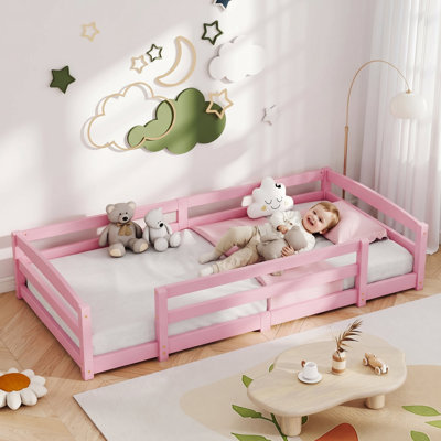Wooden Montessori Kids Floor Bed, Twin/Full Size Frame with Safety Guardrails, Dual Side Entry Low Toddler Bed, Pink, Twin
