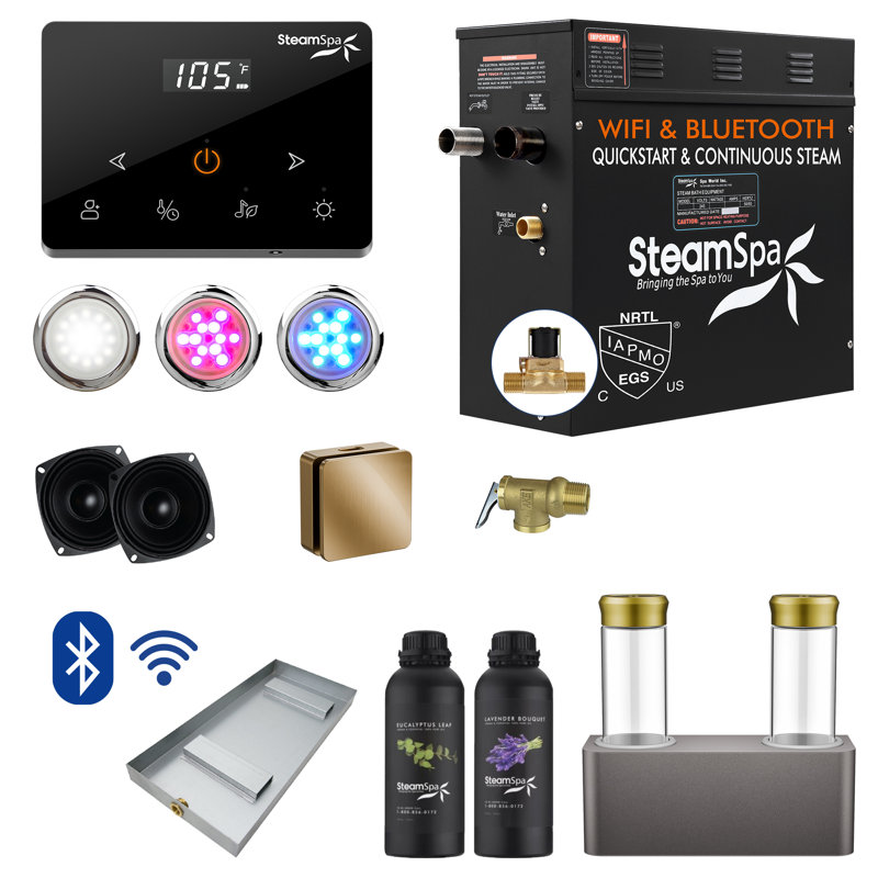 Black Series 7.5KW Steam Bath Generator With Wireless Remote, BLUETOOTH, WIFI, And Dual Aroma Pump In Gold