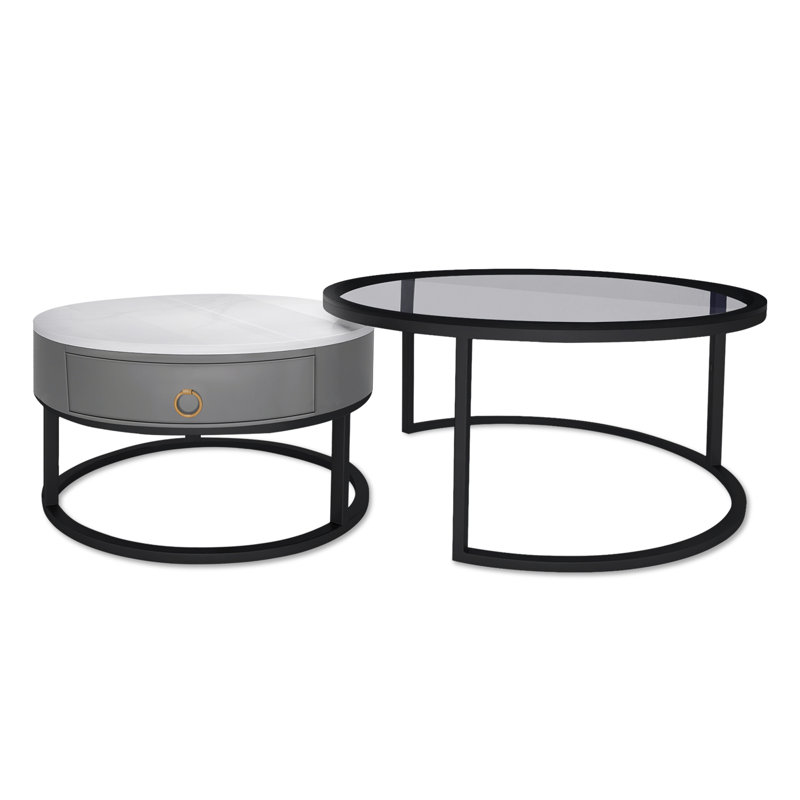 Kitara Round Nesting Coffee Table Set, Storage Drawer Accent Living Room Tables