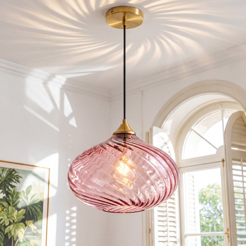 1 - Light Gold Kitchen Island Single Pendant Light With 11in Striped Clear Glass Shade, Purple