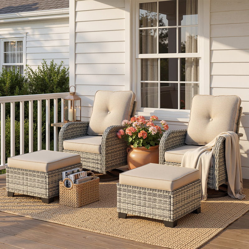 Ensemble de chaises berçantes pivotantes d'extérieur 4 pièces avec coussins et repose-pieds, Taupe