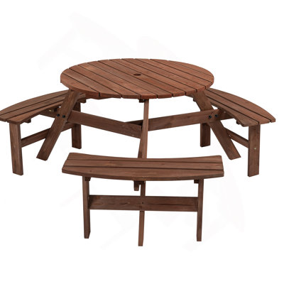 6-Person Circular Outdoor Wooden Picnic Table For Patio, Backyard, Garden, Built-In Benches