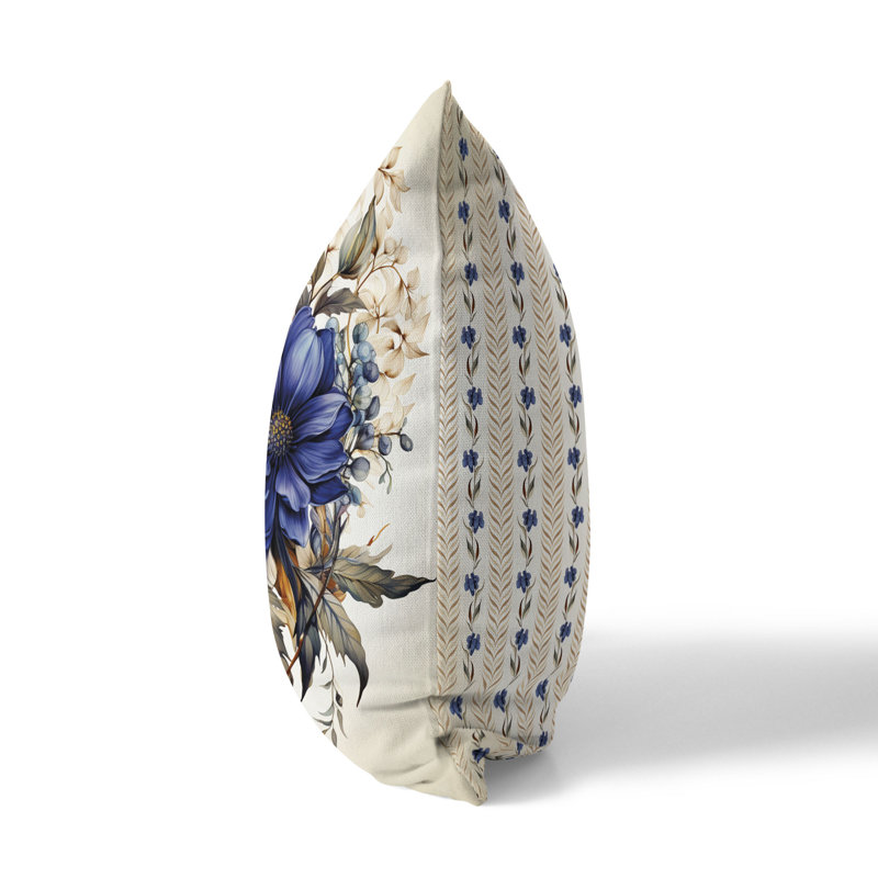 Coussin décoratif intérieur / extérieur Aster Amore, H 16 po x l 16 po, Bleu / Beige