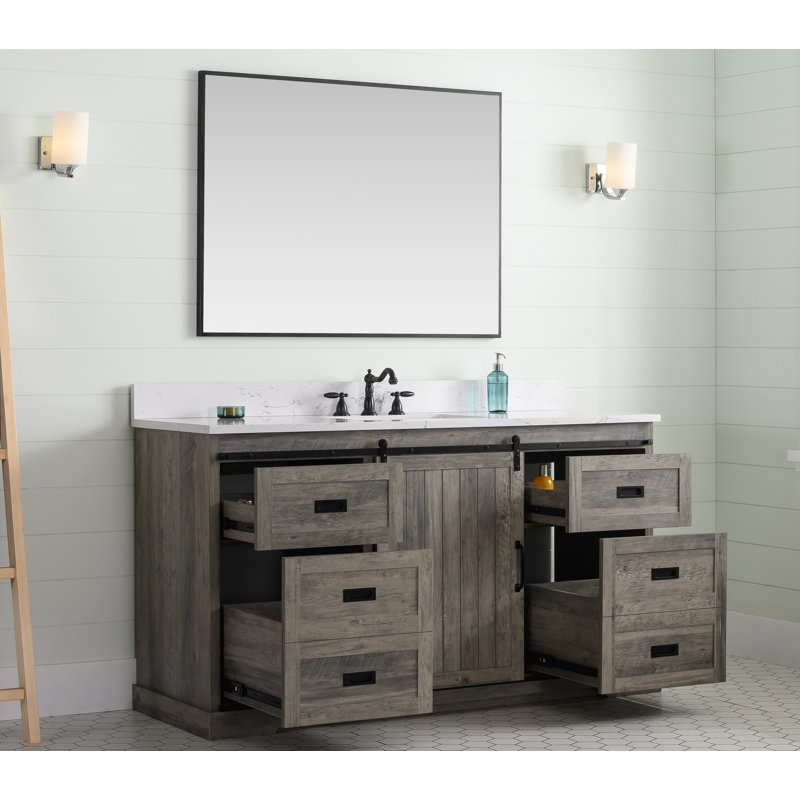 Cayden 60'' Single Bathroom Vanity with Engineered Marble Top, Weathered Grey