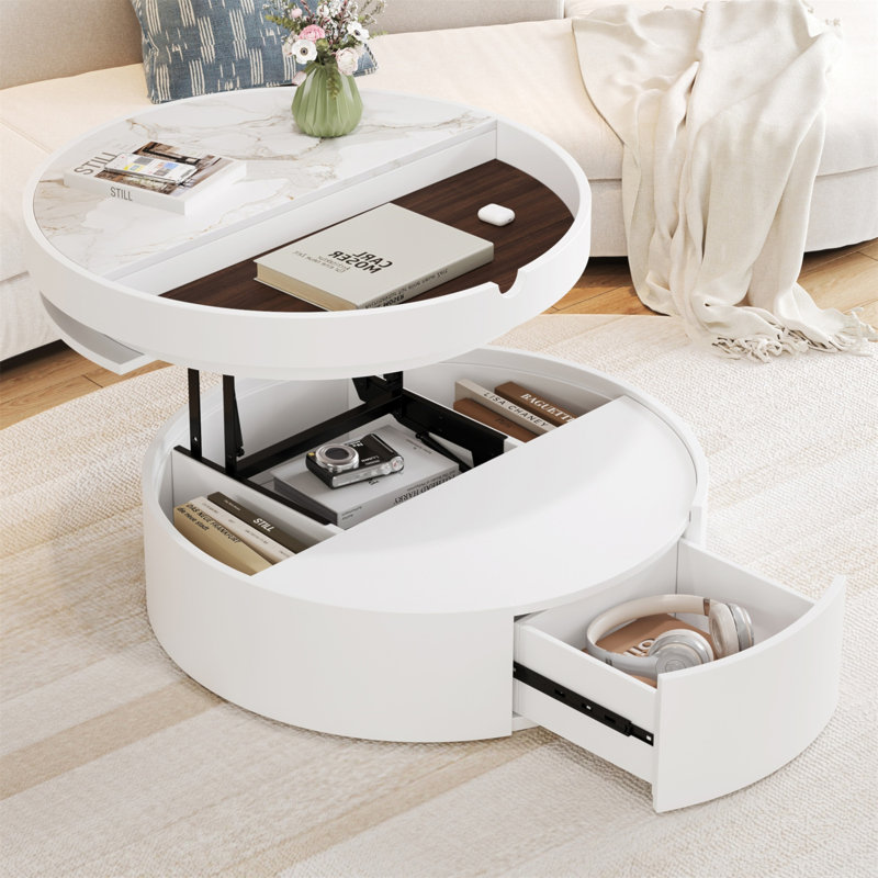 Table basse ronde à plateau relevable avec tiroir
