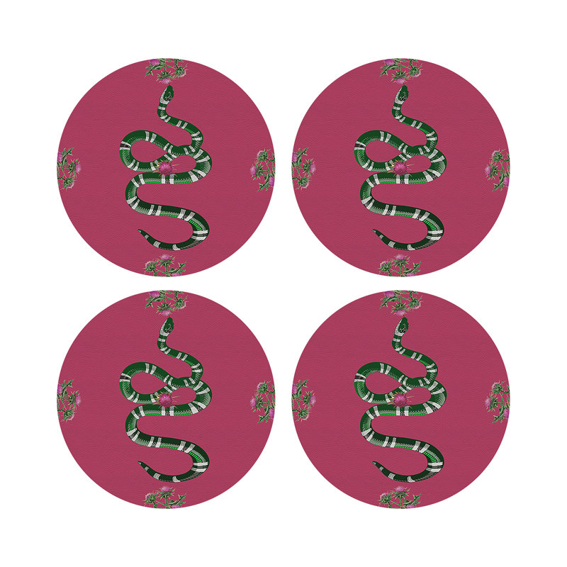 Thistle And Snake Vegan Leather Round Pebble Placemat, Pink