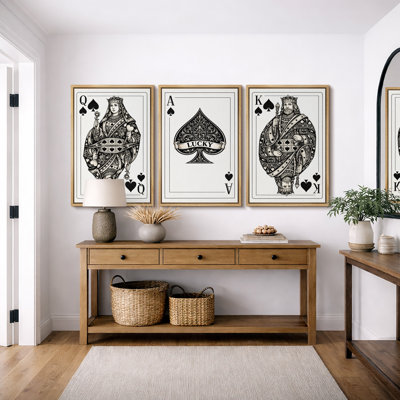 Black White Playing Cards Queen King Ace Artwork, Living Room Pictures, Framed Canvas Giclee Print 3 Pieces Wall Art
