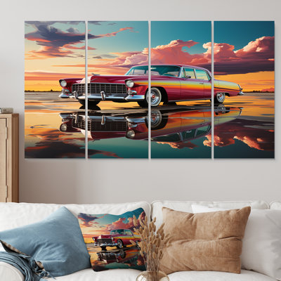 Orange et rose voiture américaine classique sur la plage - voiture ancienne américaine, art mural 4 pièces pour le salon