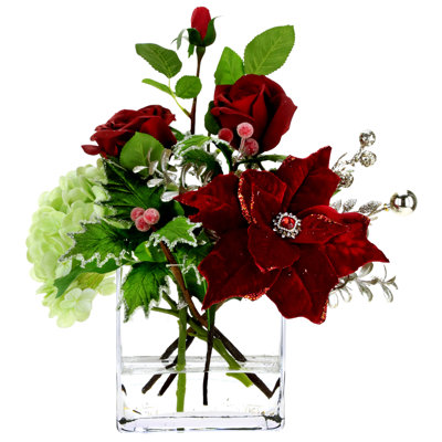 Rose Hydrangea Poinsettia Vase - 14.5 Inches