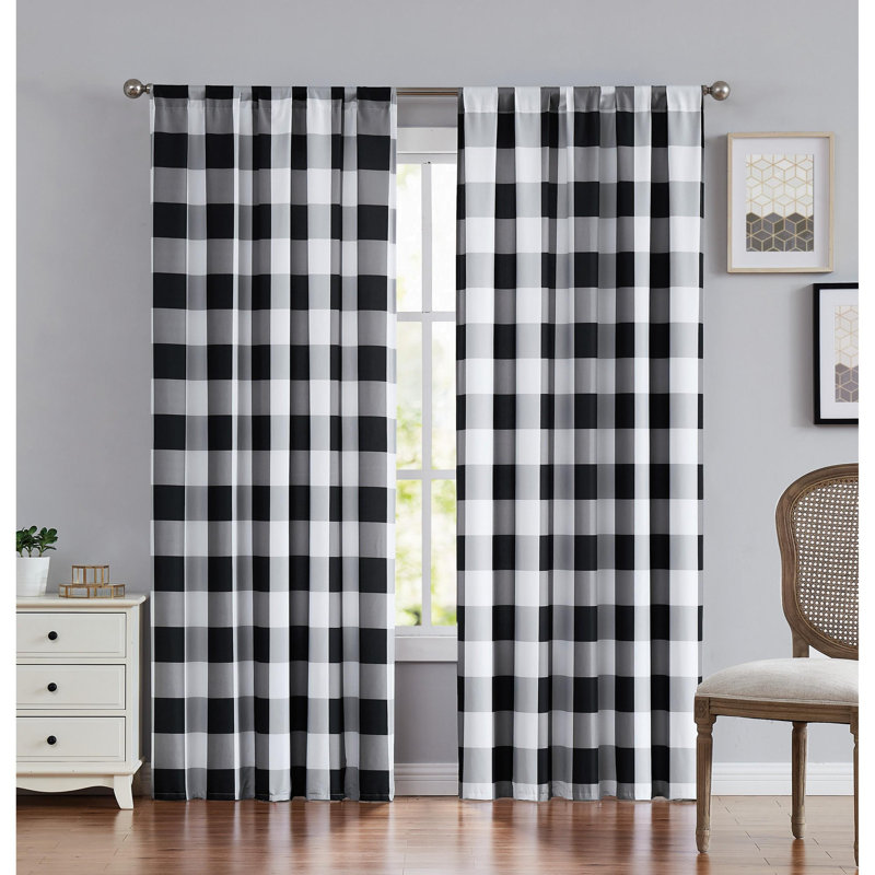Buffalo Plaid Semi Sheer Curtain Pair, Black