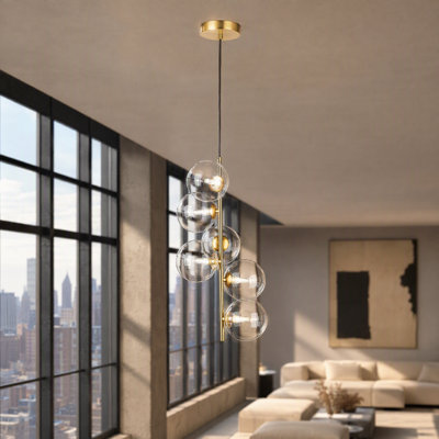 Luminaire suspendu sphérique moderne à 6 lumières, luminaire suspendu sphérique en verre au fini doré ou noir, luminaire suspendu linéaire multi-lumières avec abat-jour en verre transparent pour le vestibule de l'îlot de cuisine de la salle à manger