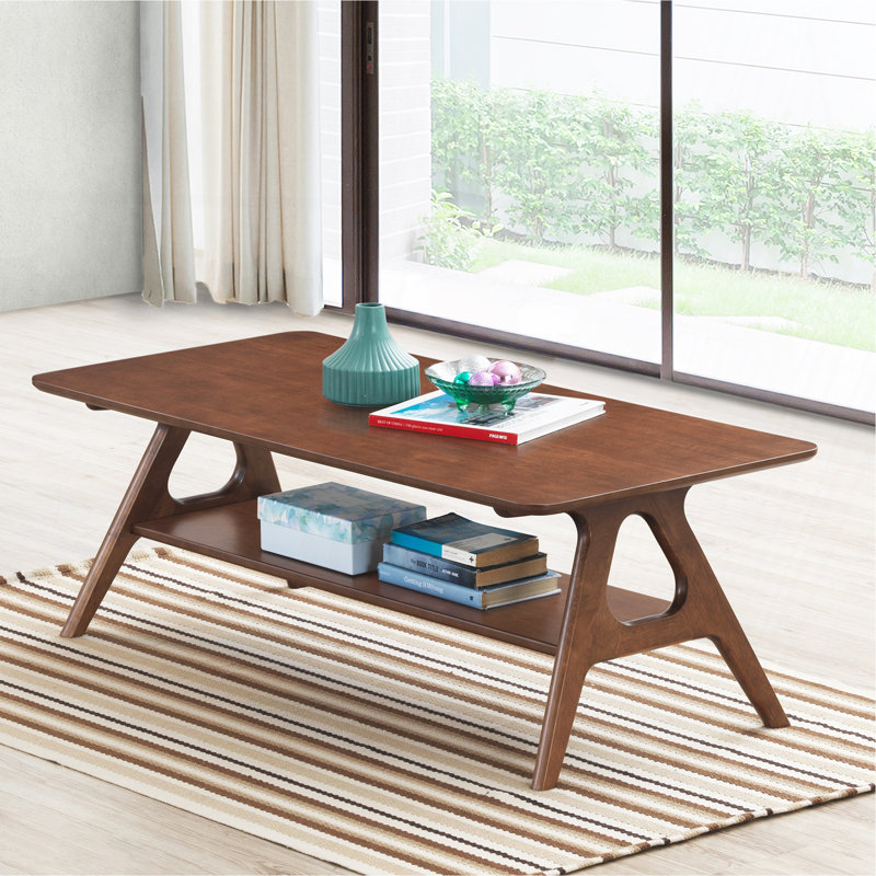 Table basse Mid-Century moderne en bois avec tablette