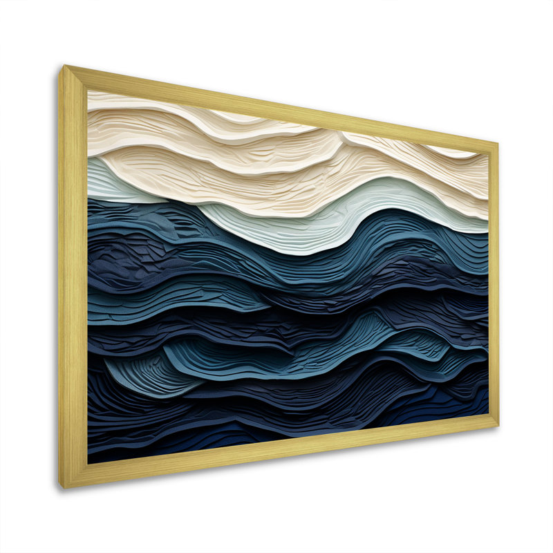 «Blue and White Coastal Waves», impression murale abstraite sur toile côtière, H 16 po x l 32 po, Doré, Impression encadrée