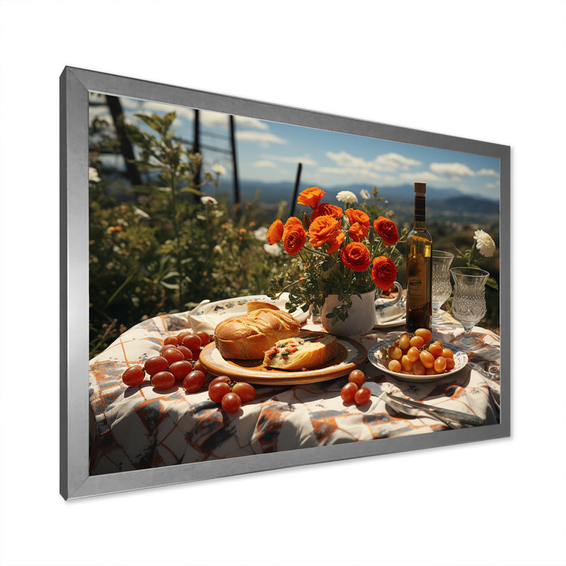 «Joyful Gathering Picnics for Two», reproduction sur toile, Cadre simple argenté, H 24 po x l 32 po x P 1 po