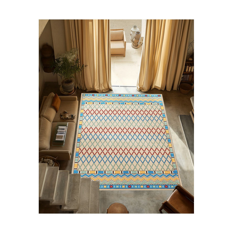 Tapis bleu lavable décoratif multicolore à motifs géométriques multicolores, Sous-tapis carré 3 pi 3 po inclus
