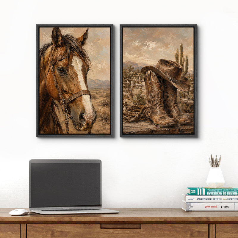 «Western Horse Portrait and Cowboy bottes with Rustic Desert Charm», ensemble de 2 reproductions d'art sur toile encadrées