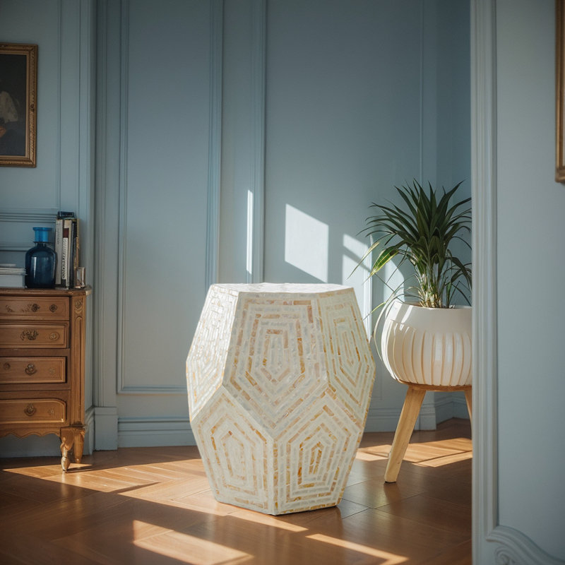 18x18x21" Hexagonal Capes Capiz Stool, Cream/Yellow