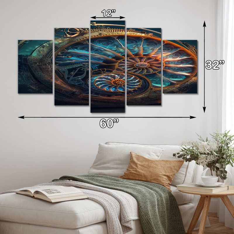 Bioluminescent Spiral Oceanic Astrolabe I - Art abstrait sur toile, 5 panneaux