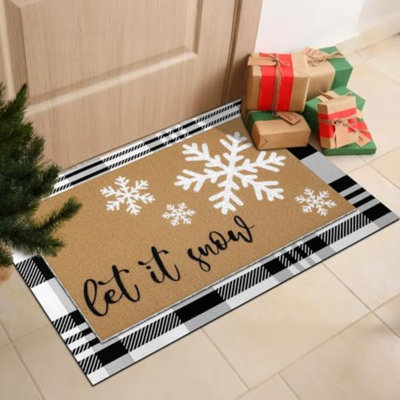 2 Pcs Winter Let It Snow Coir Doormats Outdoor Snowflake Welcome Door Mats Layered Buffalo Plaid Front Door Rugs Non Slip Floor Mats For Christmas Porch Entryway Indoor Outdoor Décor