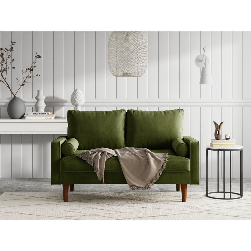 Bellinger 58" Velvet Square Arms Tufted Seat Golden Metal Feet Loveseat, Olive Green Velvet