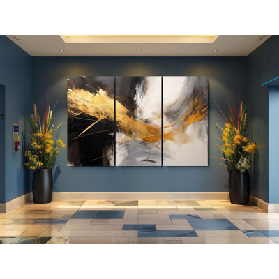 «Triptych Canvas Wall Art», ensemble de toiles modernes abstraites dorées et triptyques pour décoration de salon de luxe audacieuse, motif dynamique et géométrique