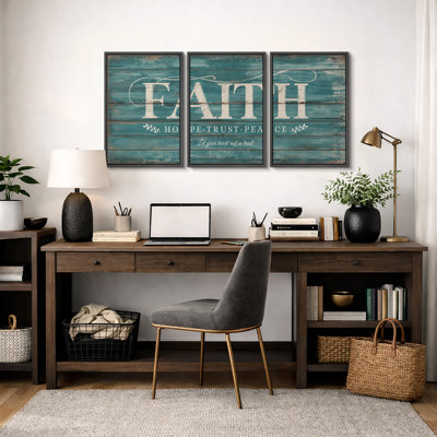 Rustic Faith Hope Trust Peace Scripture Artwork, Farmhouse Christian Inspirational Quote Pictures, Framed Canvas Giclee Print 3 Pieces Wall Art