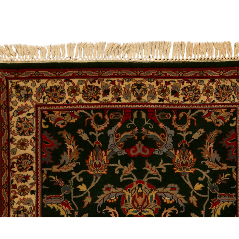 Hand Knotted Wool Area Rug in Dark Green And Ivory