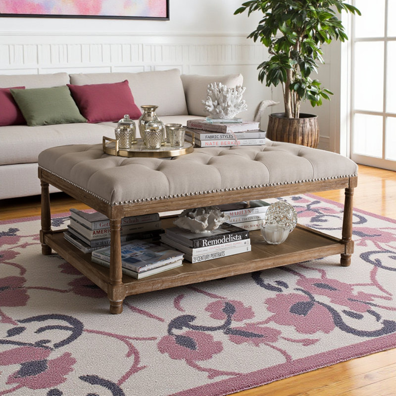 Frias Coffee Table in Weathered Oak & Beige Linen upholstery, 18.42'' H X 42.09'' W X 30.64'' D