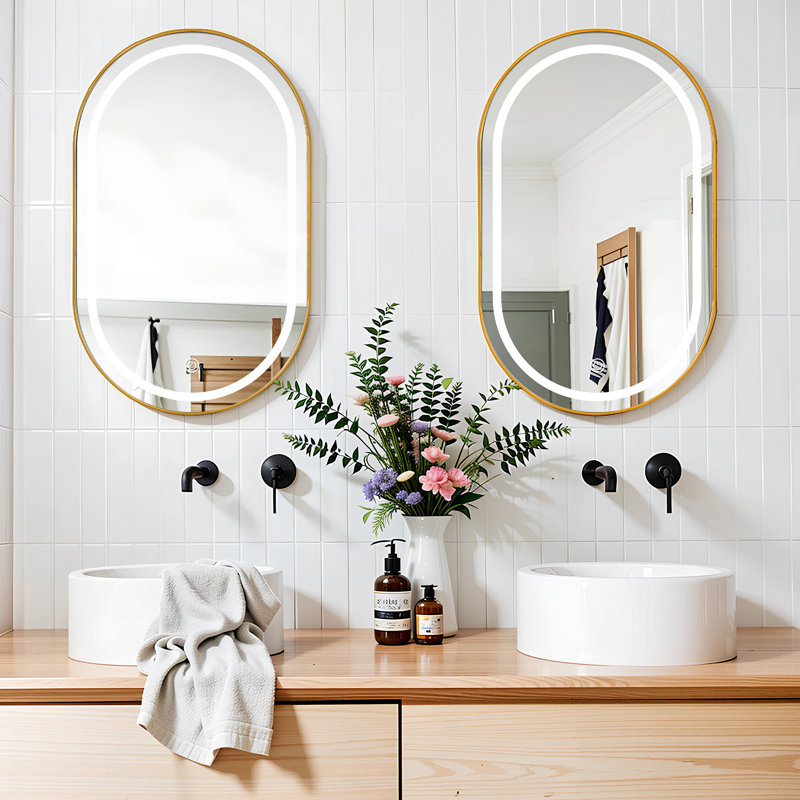 LED Lighted Oval Wall-Mounted Medicine Cabinet With Mirror Door And Interior Shelves, Gold