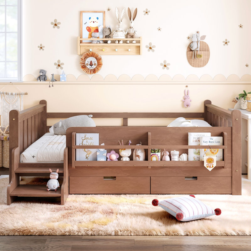 Lit double pleine grandeur avec bibliothèques et tiroirs de rangement, lit en bois massif pour enfants avec de jolis escaliers et garde-corps, aucun sommier nécessaire, naturel