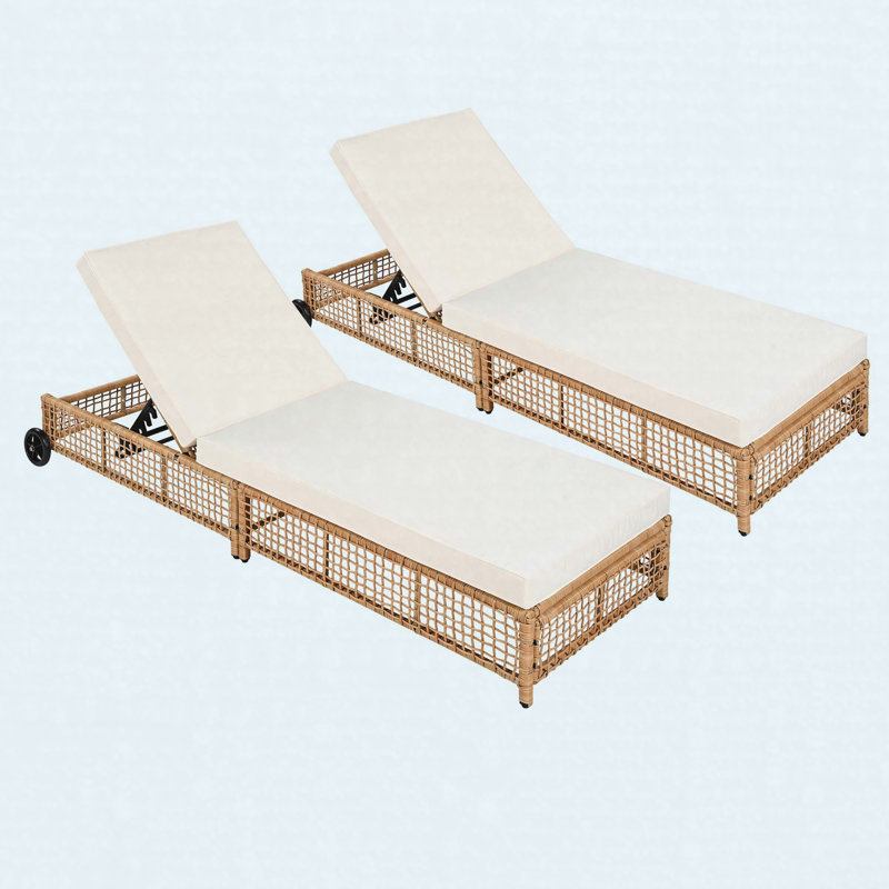 Ensemble de 2 chaises longues d'extérieur en rotin avec dossier à 5 positions réglables sur les roues du coussin