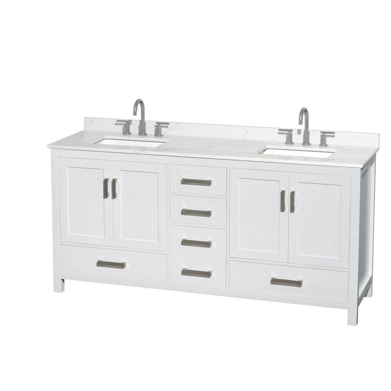 Meuble-lavabo double autoportant 72 po avec plateau en quartz Sheffield, Blanc, Chrome, Quartz Giotto
