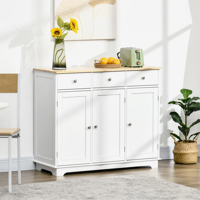 Sideboard Solid Wood Countertop, Kitchen Storage Cabinet, Coffee Bar Cabinet With 3-Drawers, Doors, And Adjustable Shelf, White