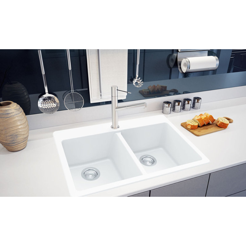 33" Double Even Bowl Topmount Crystagranite Sink White
