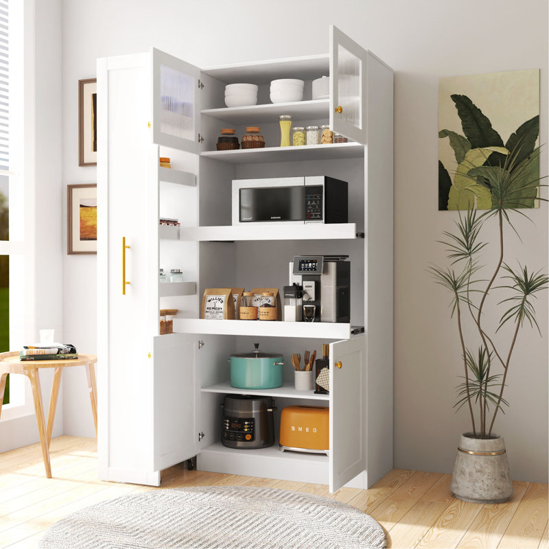 Armoire de cuisine avec étagère de rangement coulissante multifonctionnelle à plusieurs niveaux, armoire de rangement de ferme avec 4 portes, organisateurs de garde-manger pour la cuisine, la salle à manger