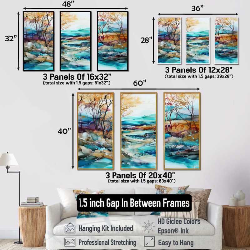 Ensemble de décorations murales paysage turquoise et brun, Cadre flottant noir, H 32 po x l 48 po x P 1 po
