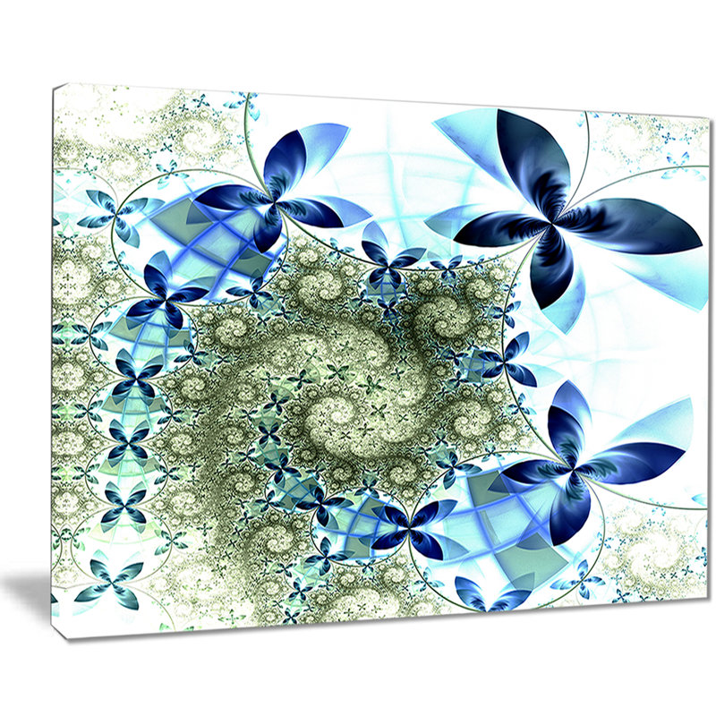 Fleurs fractales bleues et vertes - Impression sur toile, H 12 po x l 20 po x P 1 po, Toile tendue avec châssis