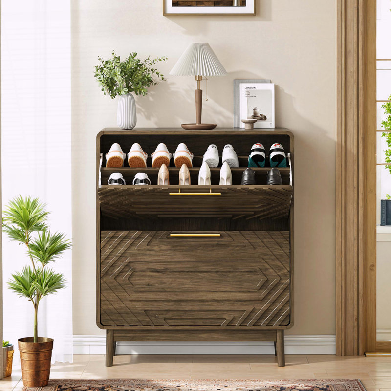 Mid-Century Modern Shoe Cabinet with Geometric Panels and Gold Handles