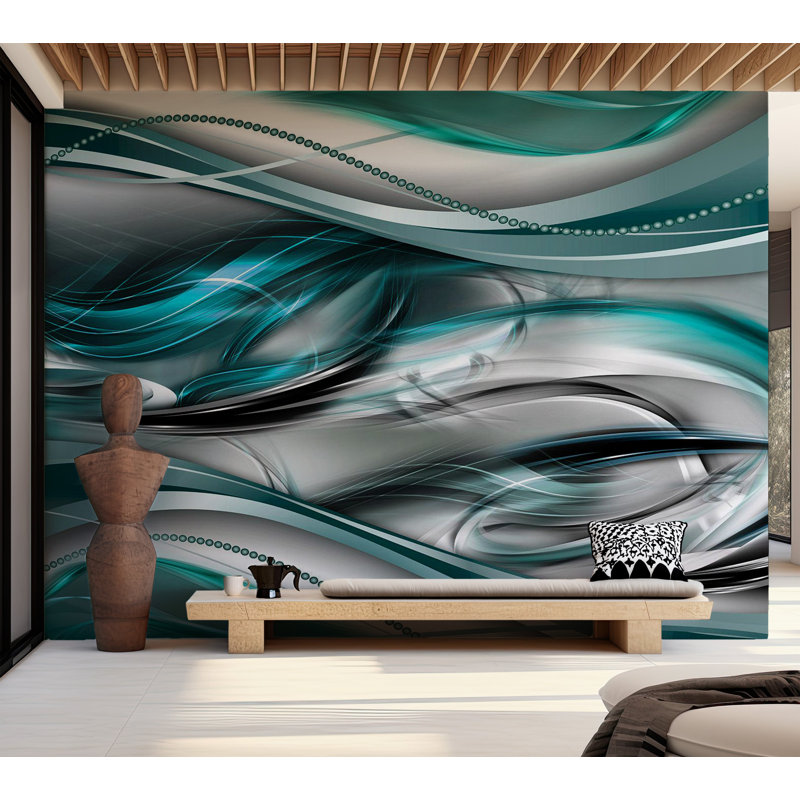 Murale abstraite pelez et collez - vagues gris turquoise, L 82 po x l 115 po