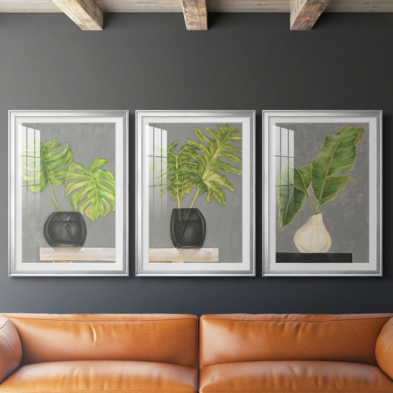 Fronde dans un vase I - Impression encadrée sur mesure de qualité supérieure - 3 pièces, H 21 po x l 30 po, Argent argent