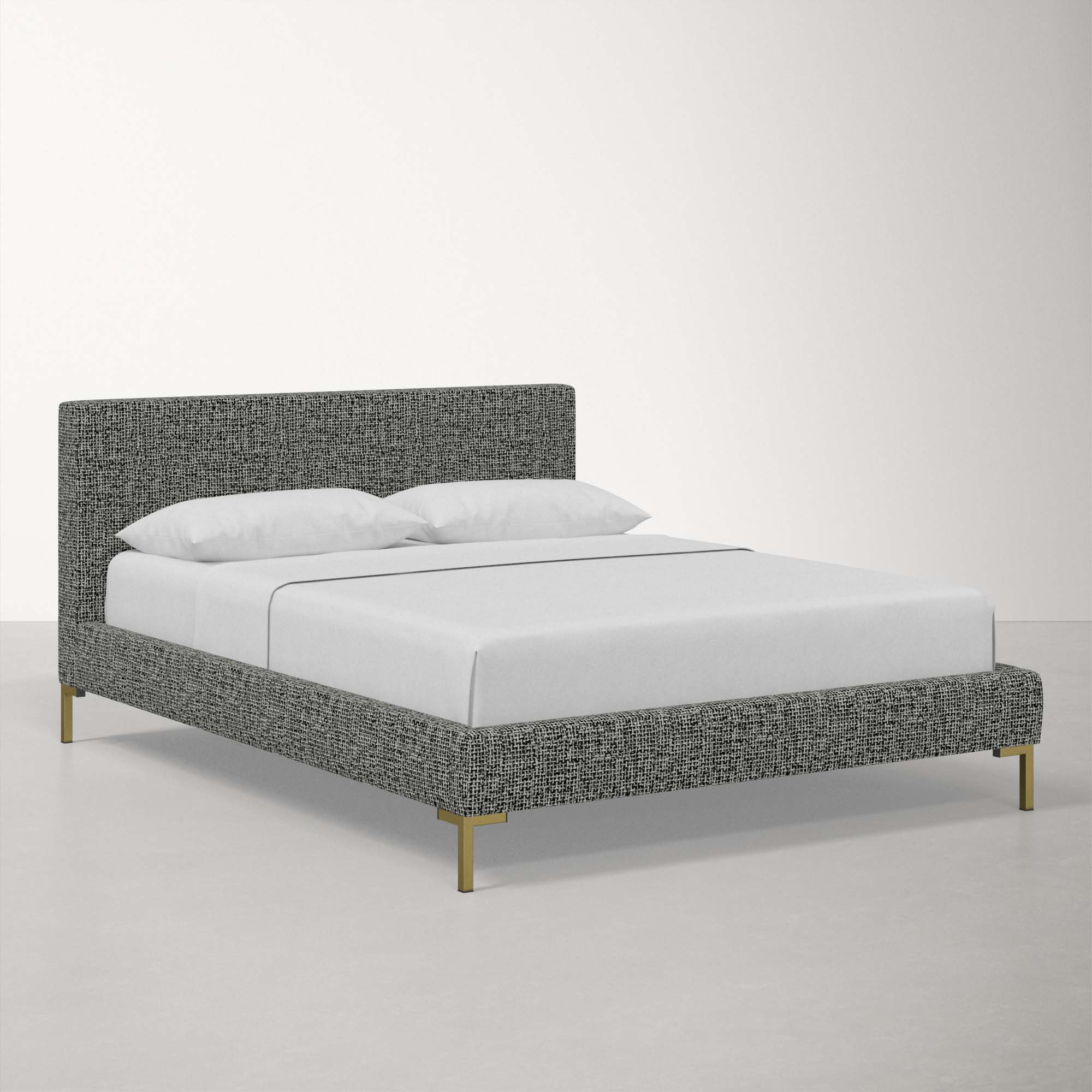 Rand Upholstered Bed, Twin, Brass, Modern Pepper Tweed