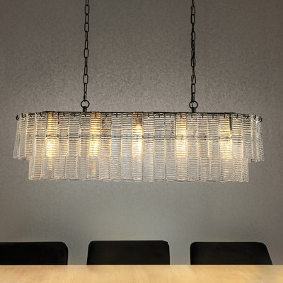  5-light 39'' Matte Black Rectangle Elegant Ribbed Glass Chandelier Vintage Art Glass Pendant Light For Dining Room Kitchen Island