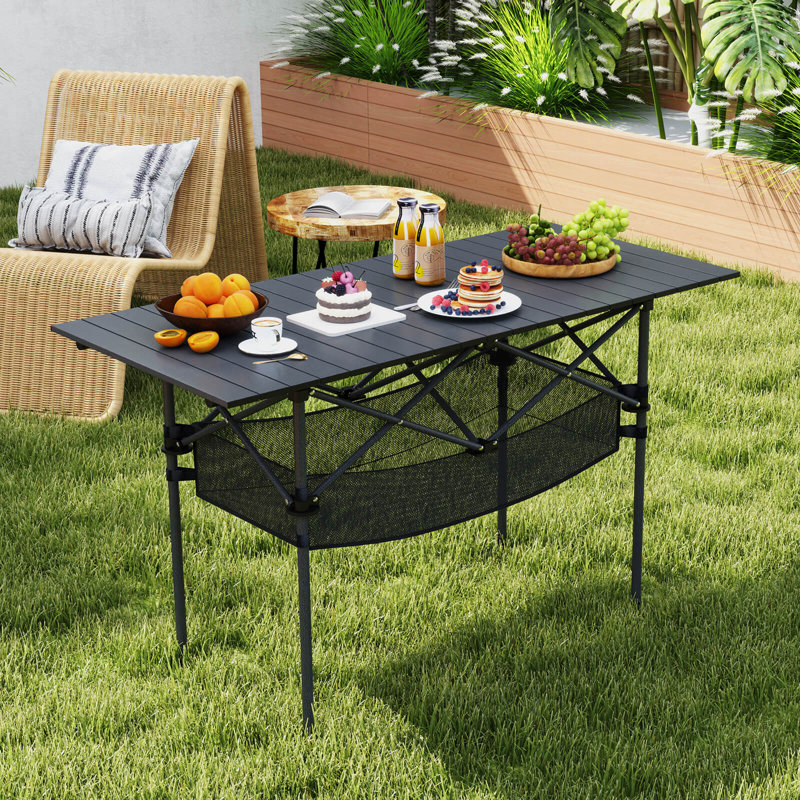 Table de camping pliante pour patio avec plateau en aluminium et panier en filet argenté, Plateau noir / base noire