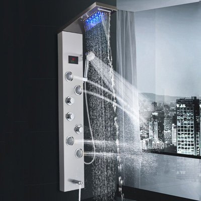 Tour de douche à DEL avec panneau de douche en acier inoxydable avec affichage de la température, système de tour de panneau de douche à 5 fonctions avec douche à jets de pluie et jets de corps, Nickel brossé