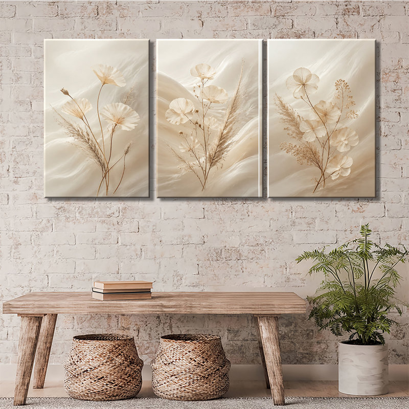 Ensemble de 3 impressions neutres sur toile de pampa beige, H 30 po x l 60 po x P 1 po