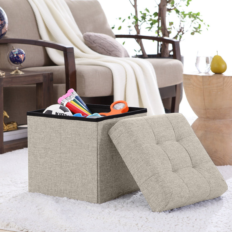 Lambertville Upholstered Ottoman, Beige Linen