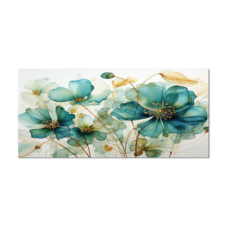 «Teal Green Organic croissance - Abstract Botanicals», art mural, H 28 po x l 60 po, Toile tendue
